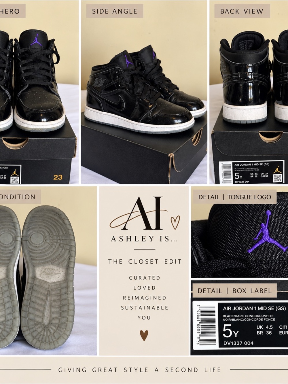 Nike Black and Purple Air Jordan 1 Mid GS Kids Sneakers